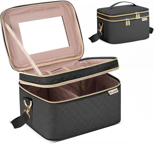 Double Layer Travel Makeup Bag Women, Cosmetic Organizer Case, Travel Essentials Accessories with Shoulder Strap for Bottles, Brushes, Conditioner, Skin Care Products, Black