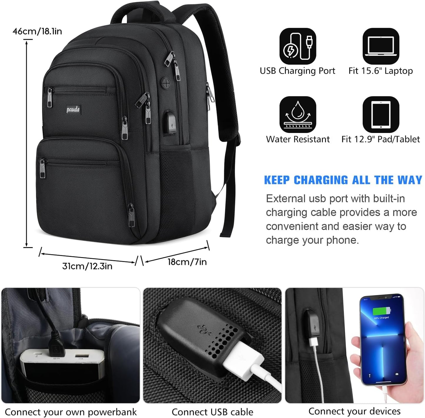 Paude Laptop Backpack,School Backpack Large Bookbag with USB for High School College Students Office Business,Waterproof