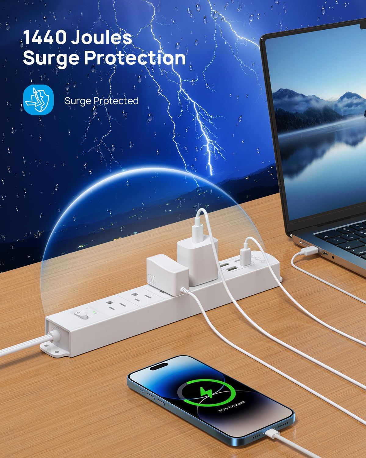 TROND Flat Plug Power Strip USB-10ft Flat Extension Cord Surge Protector Wall Mount, 2 USB C & 2 USB A Ports with Multiple Outlets, 1440J, 1625W for Office Supplies Dorm Room Essentials, White