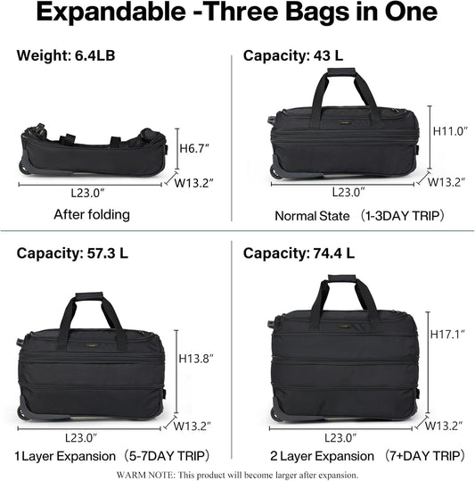 Hanke Expandable Carry On Luggage Suitcases with Wheels Foldable Duffle Bag for Travel Carry On suitcase Weekend Bag for Women Men（Black）