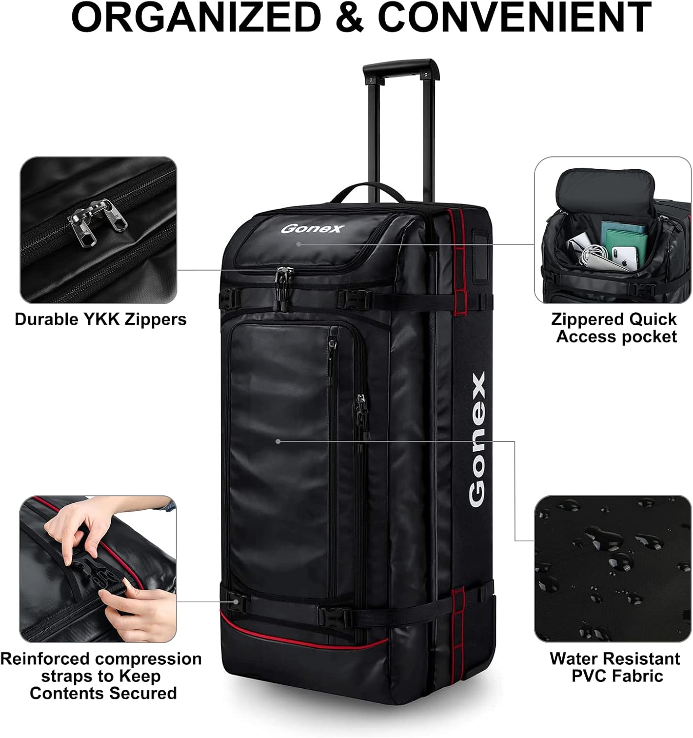 Gonex Rolling Duffle Bag with Wheels, 100L Water Repellent Large Wheeled Travel Duffel Luggage with Rollers 33 inch, Black