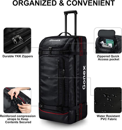Gonex Rolling Duffle Bag with Wheels, 100L Water Repellent Large Wheeled Travel Duffel Luggage with Rollers 33 inch, Black