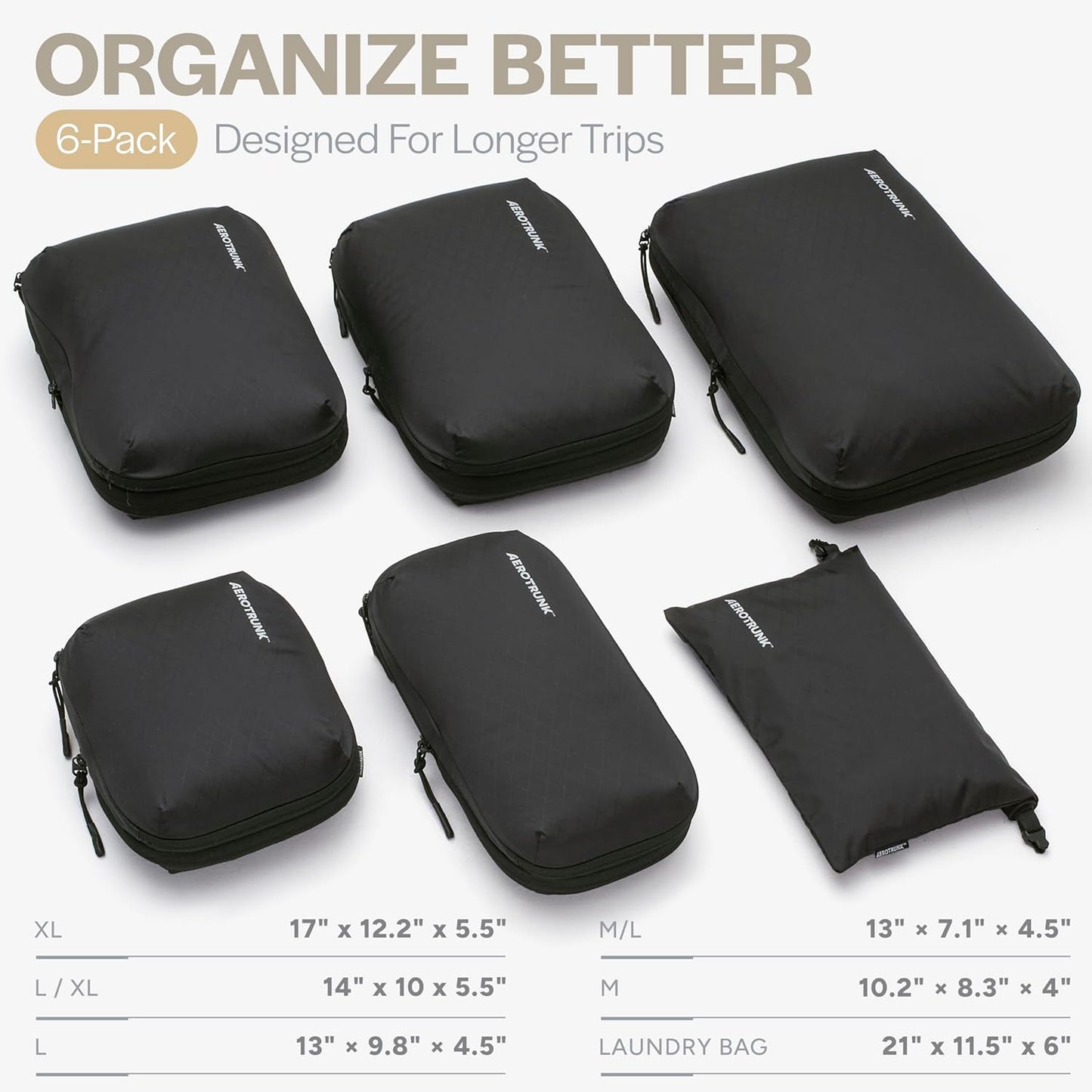 Aerotrunk Ultralight Compression Packing Cubes - Lightweight Travel Organizers for Suitcases and Luggage (6-Pack, Black)