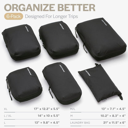 Aerotrunk Ultralight Compression Packing Cubes - Lightweight Travel Organizers for Suitcases and Luggage (6-Pack, Black)