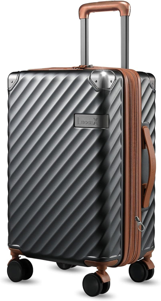 LUGGEX Luggage with Spinner Wheels, Polycarbonate Expandable Hard Shell Suitcase, Carry On 20 Inch, Brown Black