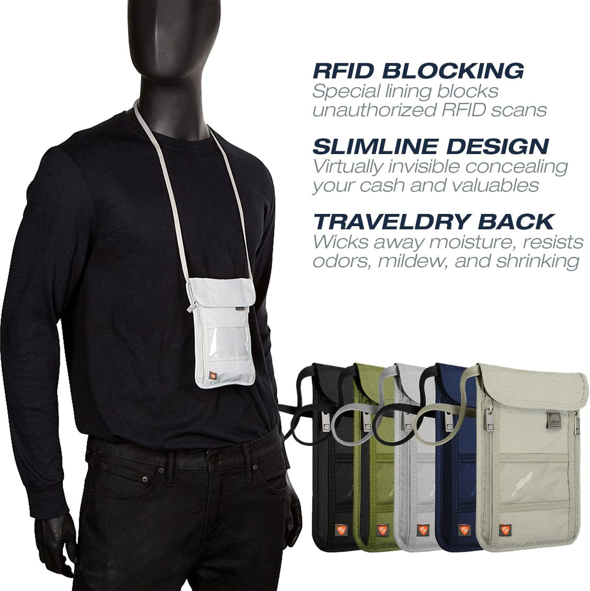 Lewis N. Clark Stash Neck Travel Wallet, RFID Blocking Passport Holder, Protect Personal Information, Charcoal