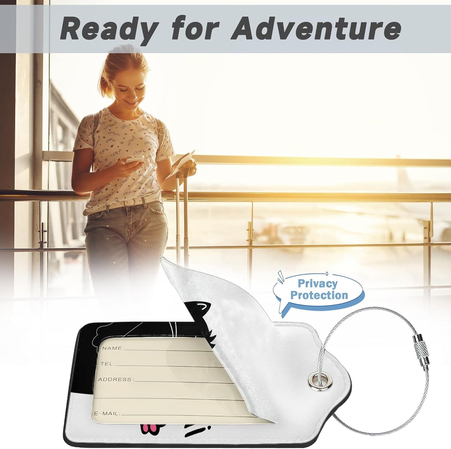 2 Pack Luggage Tag for Suitcase, Funny Black Cat Leather Bag Tags Identifiers Privacy Cover ID Label with Durable Steel Loop for Women Men Kids Girls Travel