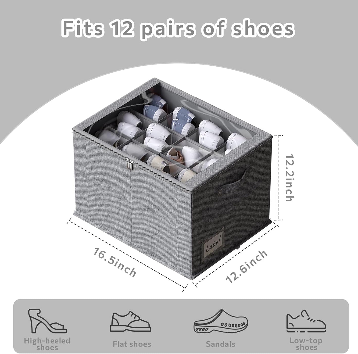 2 Pack Shoe Organizer for Closet - Shoe Storage Bins with Clear Cover, Fabric Shoe Storage Containers with Reinforced Handles, Fits up to 24 Pairs (Grey, 16.5 * 12.6 * 12.2in)