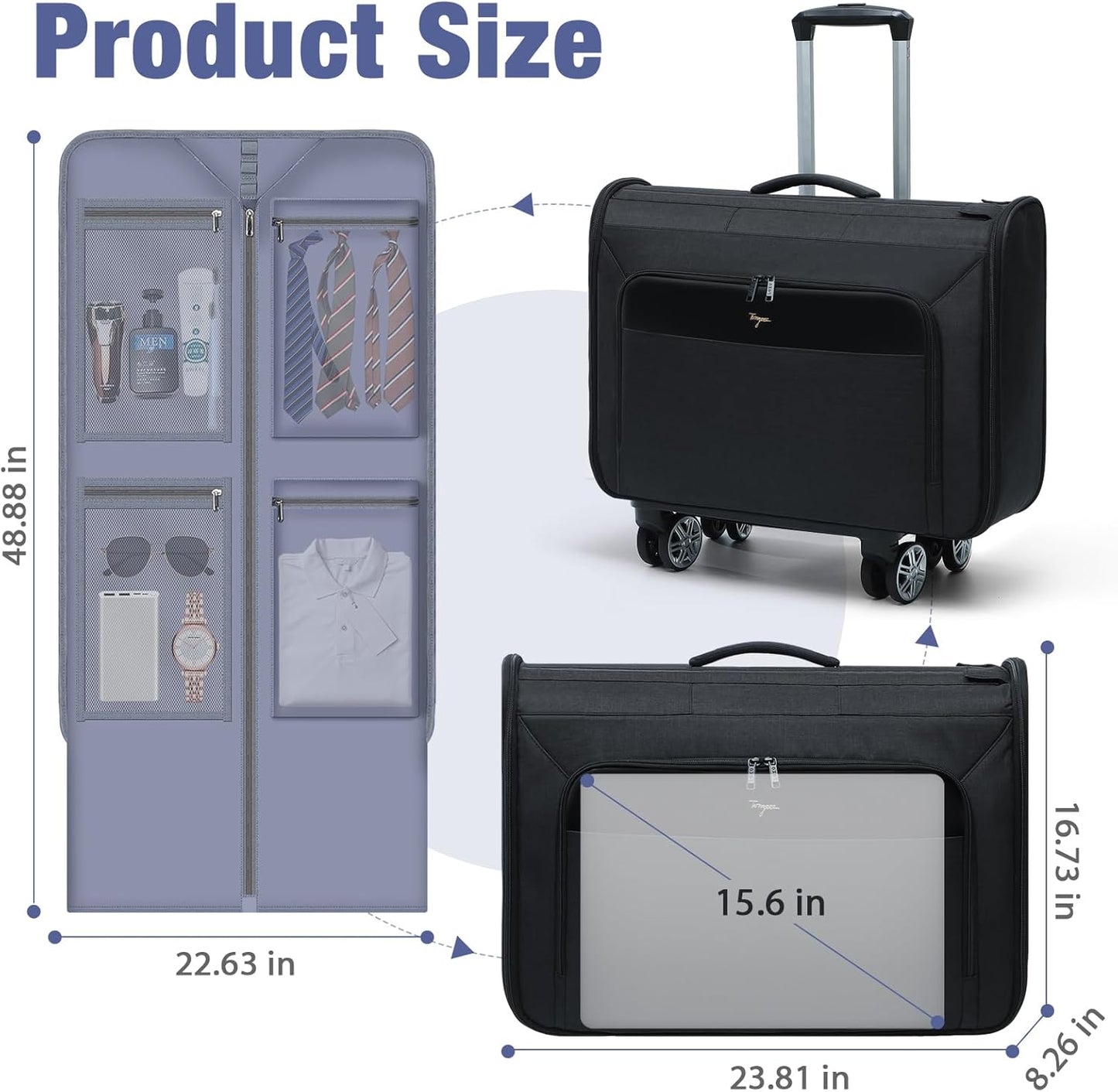 Softside Rolling Garment Bag, Large Duffle Garment Bag with Wheels, 3 in 1 Detachable Suit Luggage for Women Men, Business Travel Weekender, Black