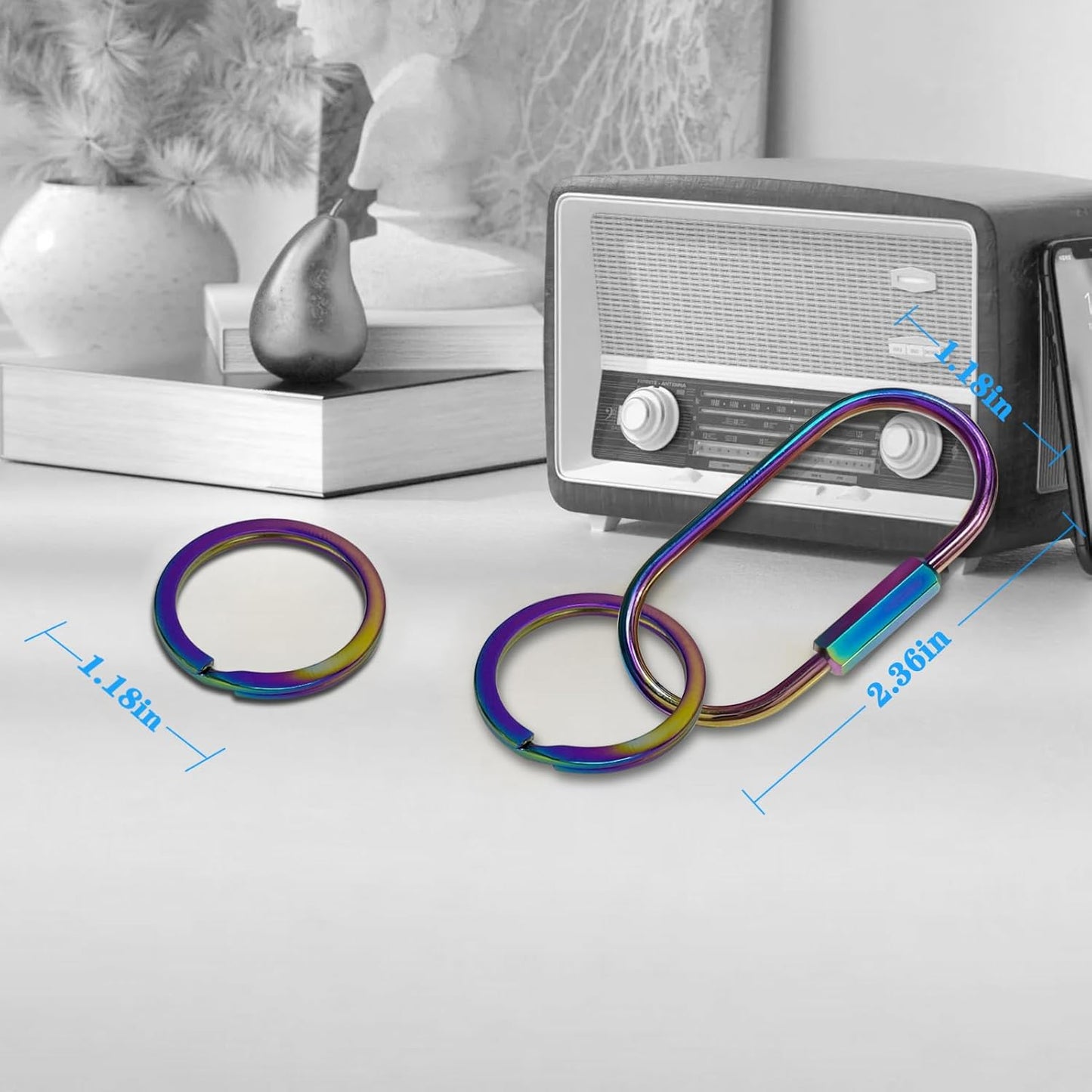 Key Chain, Brass Key Rings 2 Pack Screw Lock Key Organizer with 4 Rings Carabiner Keychain Clip for Men and Women