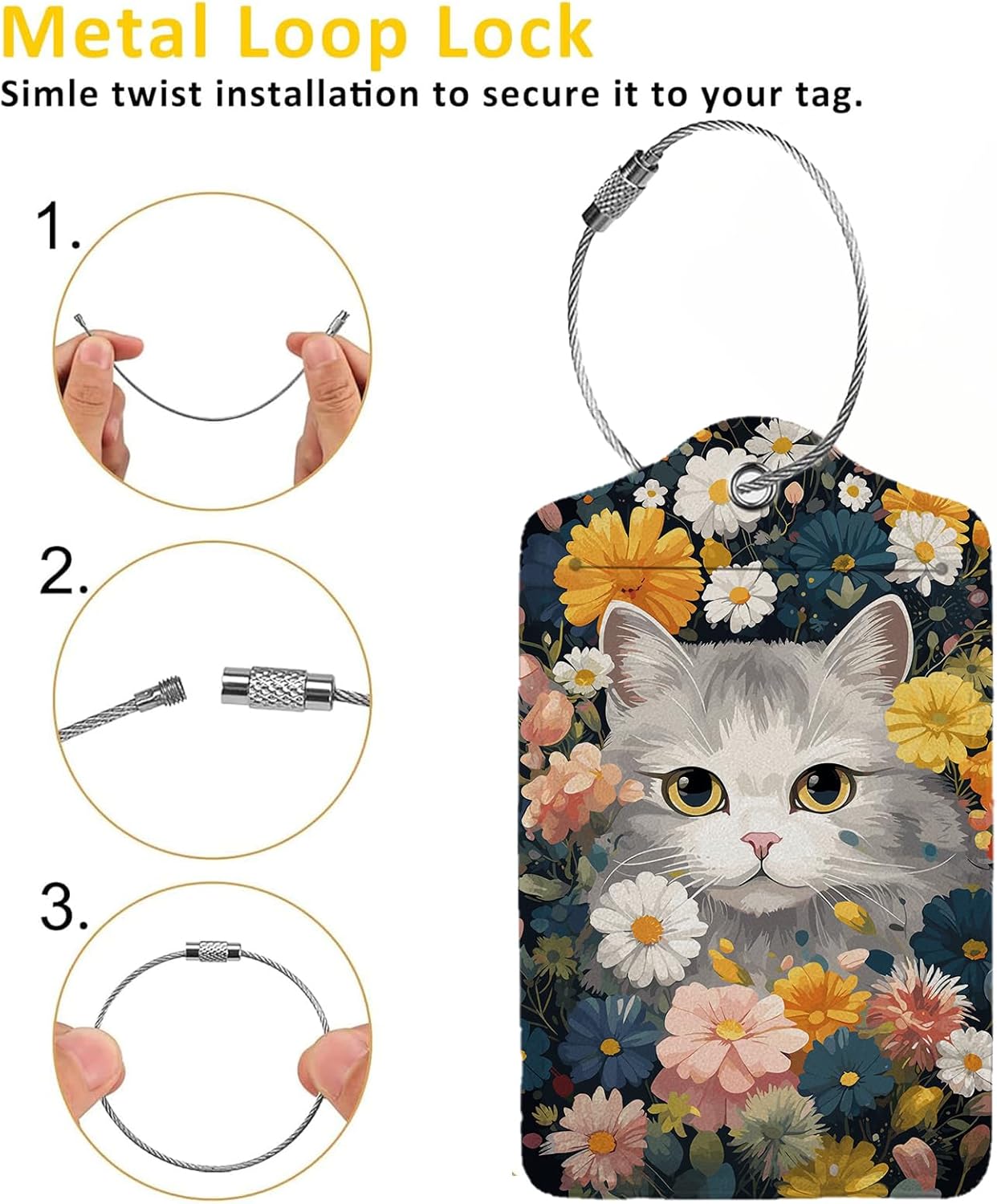 Cute Cat in Flowers 2 Pcs Luggage Tags,Privacy Cover ID Label with Stainless Steel Loop and Address Card for Travel Bag Suitcase,