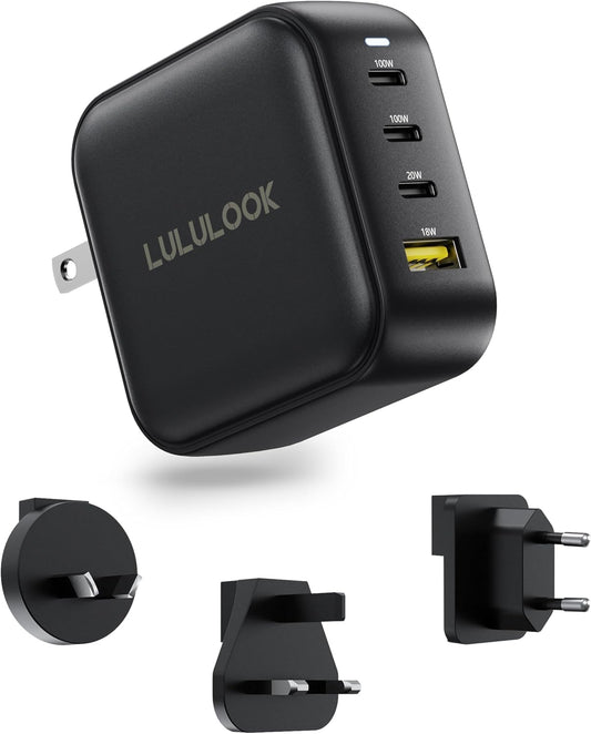 LULULOOK 100W USB C Charger, 4-Port GaN Fast Charging Block, PD Type-C Wall Charger Travel Adapter for MacBook Pro/Air, iPhone 16, Pixelbook, iPad, Samsung Galaxy S24, Console, UK/EU/AU Plug Included