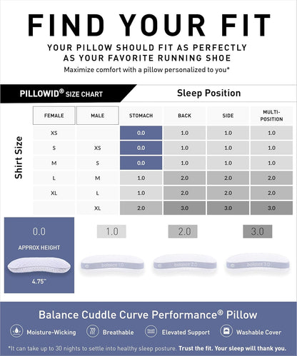 Bedgear Balance Cuddle Curve Performance Pillow - Size 0.0 - Moisture-Wicking Pillow for Side Sleepers - Medium Firmness Bed Pillow- Hypoallergenic, Washable Removable Cover - 20" W x 26" L x 4.75" H