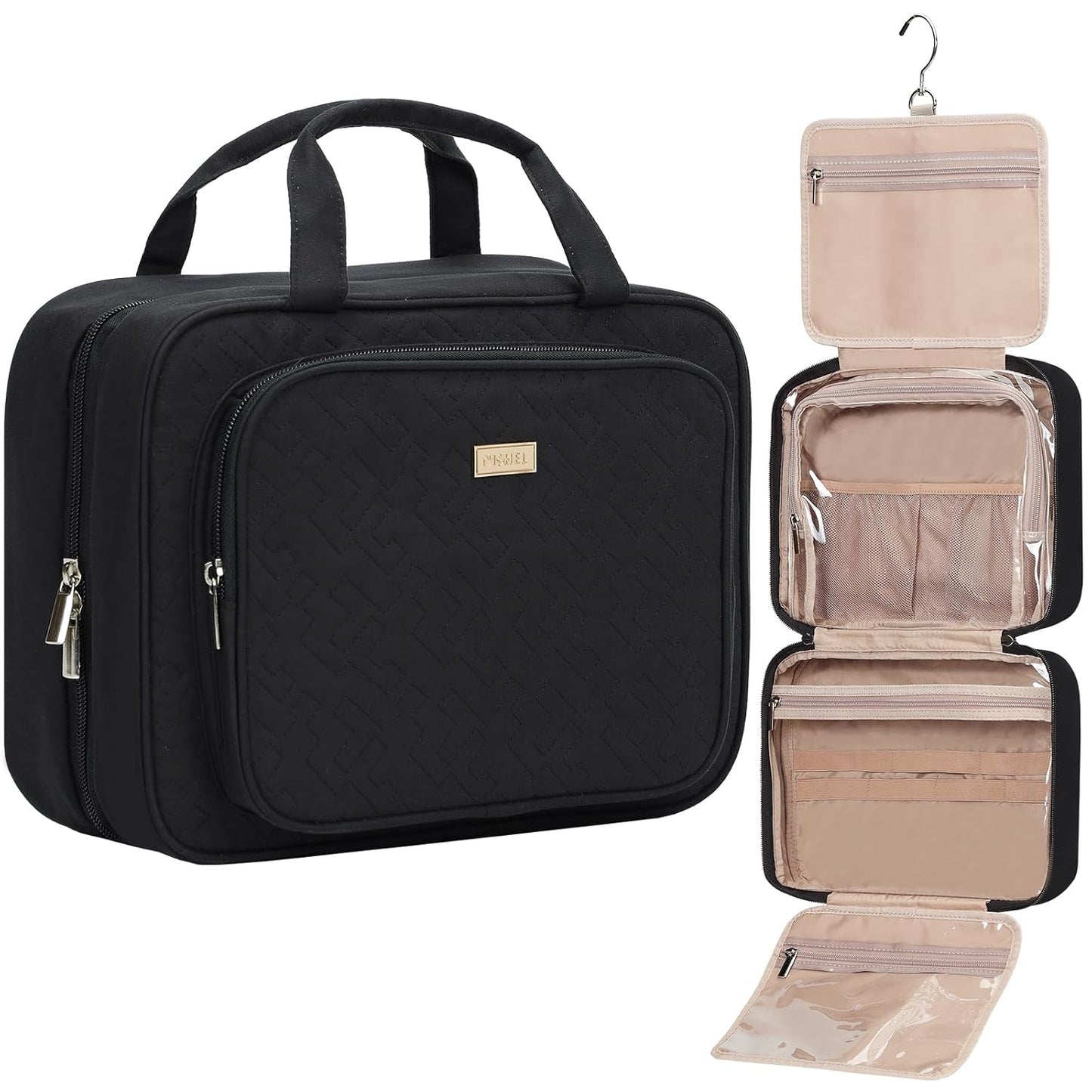 NISHEL Travel Toiletry Bag for Women Large Capacity, Makeup Essentials Organizer, Hanging Case for Accessories, Cosmetics, Black