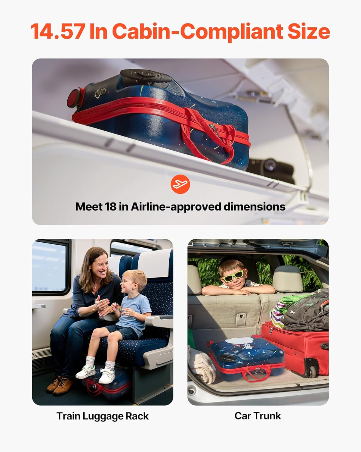 VEVOR Ride-on Luggage, 26 L Capacity, 18 Inches Tow Along Toddler Carry on Luggage with Wheels, Adjustable Shoulder Strap, Lightweight Kids Riding Suitcase for Boys & Girls Aged 3+, Blue & White