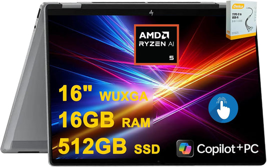 HP OmniBook X Flip Copilot+ AI PC 2-in-1 Laptop | 16" WUXGA Touch (400nits) | AMD 6-core Ryzen AI 5 340 (Up to 50 Tops) | 16GB DDR5 512GB SSD | Backlit 5MP IR Privacy Camera Win11Pro w/DLCA Accessory
