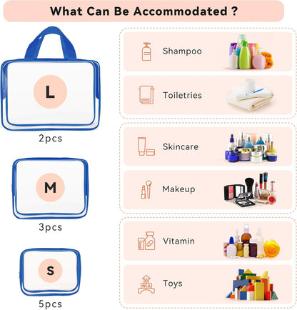 TISRATOK 10 PCS Clear Travel Makeup Toiletry Bag, Plastic PVC Cosmetic TSA Approved Organizer Kit with Zipper Handbag（Blue）