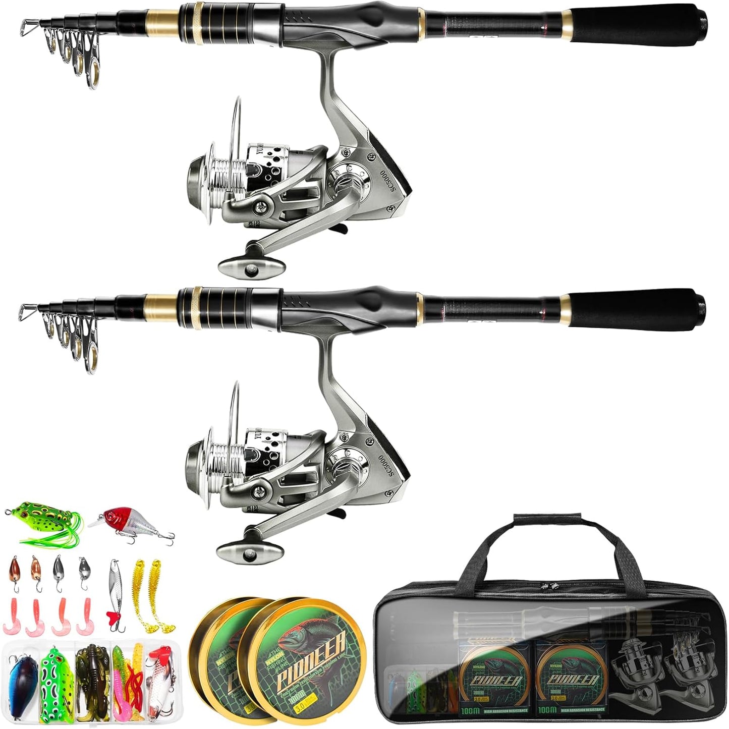 Telescopic Fishing Rod Combo - 2PCS 6.9 7.89FT Collapsible Carbon Fiber Pole Set, Spinning Reel Lures Lines Kits with Carrier Bag for Travel Saltwater Freshwater Fishing Gifts for Adults Beginer