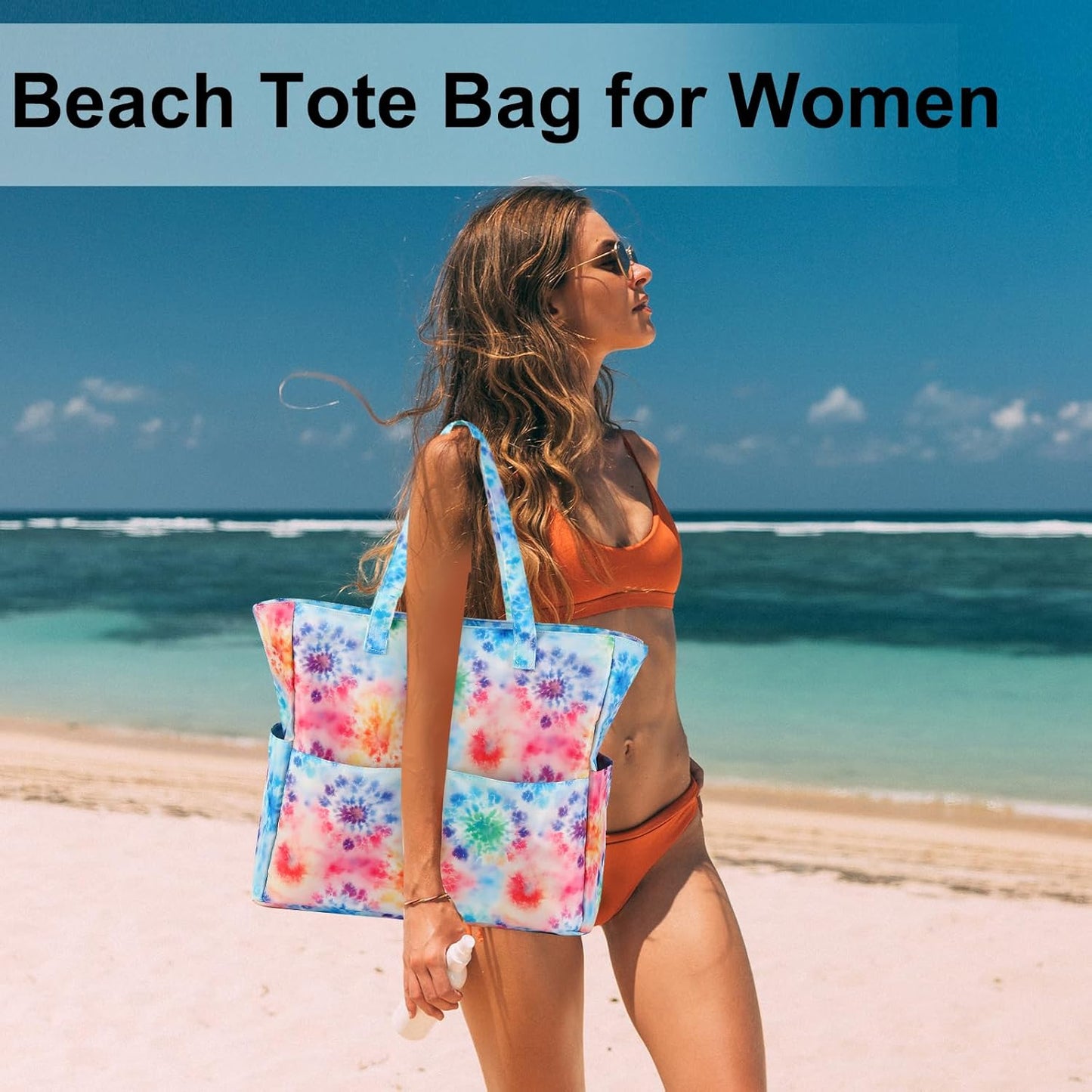 LEDAOU Beach Bag Waterproof Sandproof Women Tote Bag Pool Bag with Zipper for Gym Grocery Travel with Wet Pocket