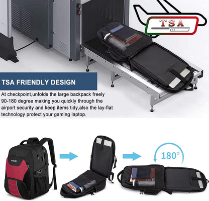 PUSLOM Extra Large Travel Laptop Backpack for Men 55L,Water Resistant 18.4 inch Big Business Laptop bags with USB Charging Port,TSA Friendly Anti Theft Computer Bag for Work College,Red