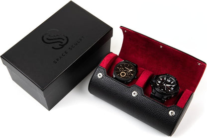 2 Watch Travel Case for Men – Bold Faux Leather Organizer for Smart & Luxury Timepieces - Portable Travel Watch Holder - Ideal Gift for Men with Premium Gift box (Black & Wine)