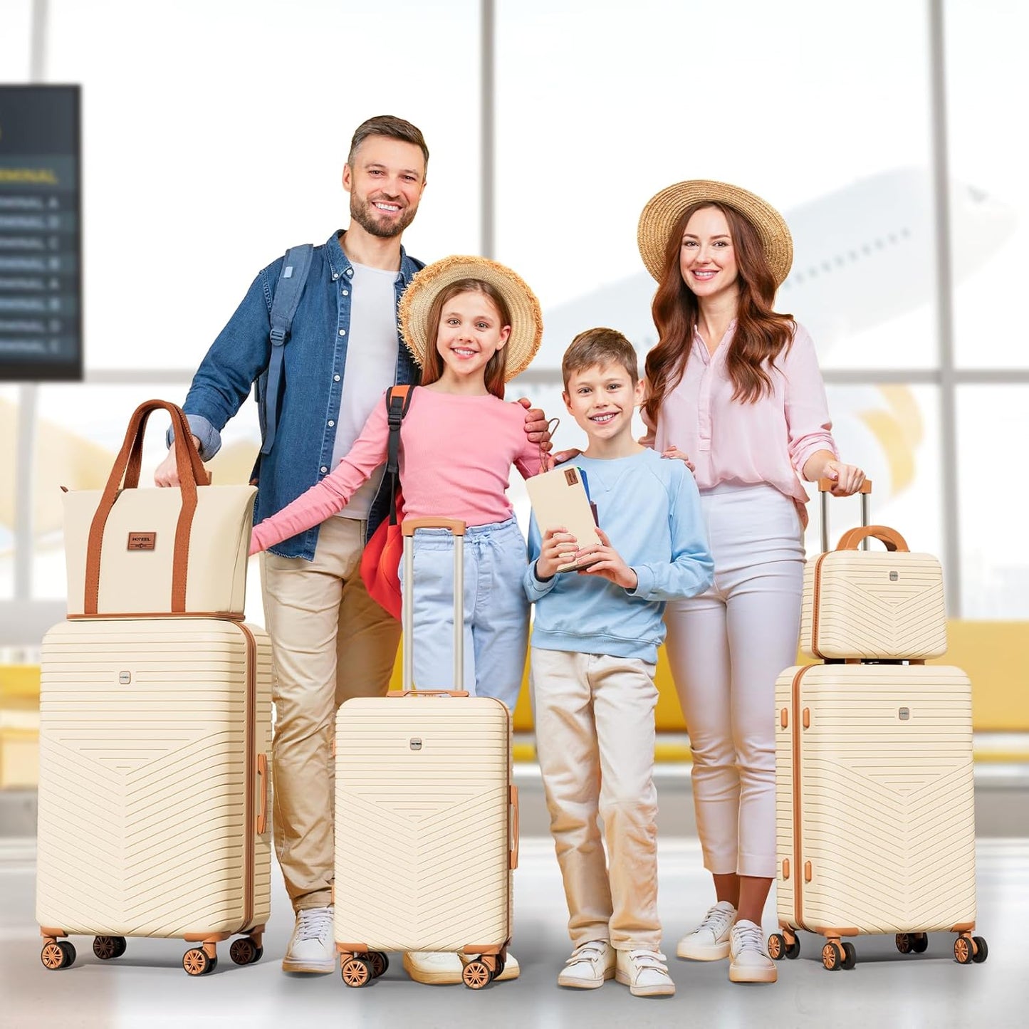 Hoteel 6 Piece Luggage Set (4-YEAR WARRANTY) with Spinner Wheels & TSA Lock, Carry on Luggage Hardshell ABS+PC, Travel Collection Suitcases Sets, Beige(13/20/24/28",Travel Bag,Cosmetic Bag)