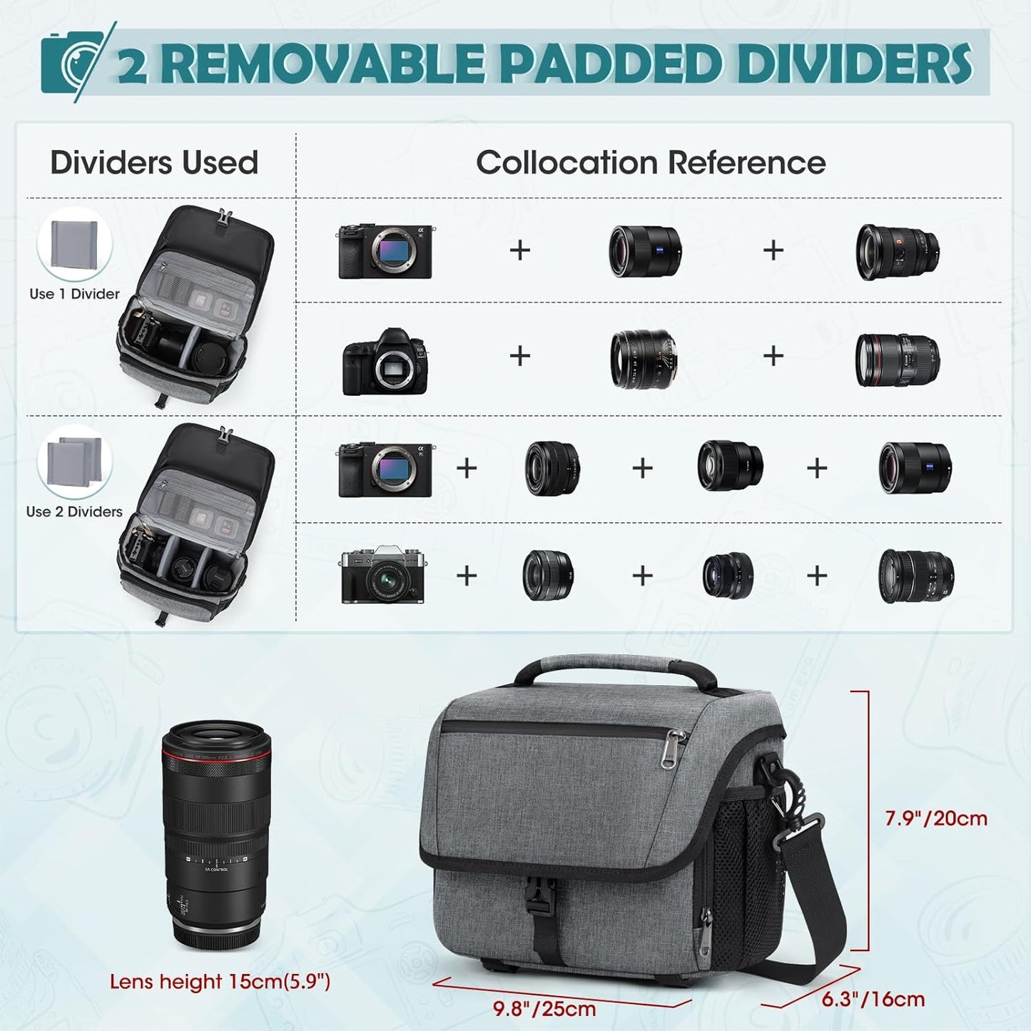 RAINSMORE Camera Bag, DSLR/SLR/Mirrorless Camera Case with Tripod Holder Waterproof Camera Sling Bag Crossbody Camera Bags for Photographers with Rain Cover for Canon/Nikon/Sony/Fuji, Grey