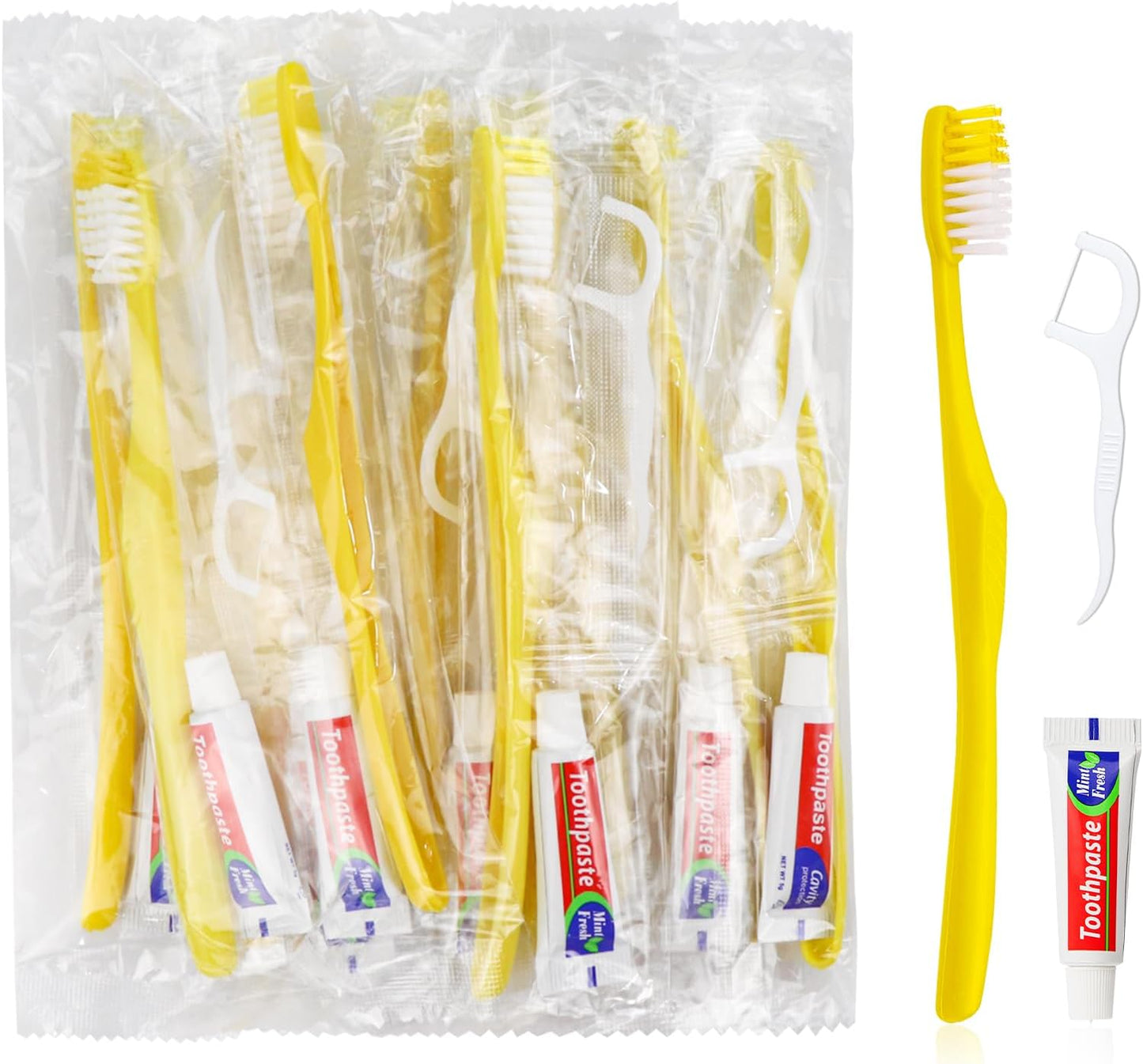 100pcs Disposable Toothbrushes with Toothpaste and Floss,Yellow Bulk Single Use Toothbrush Floss Pick Individually Wrapped Disposable Travel Toothbrushes Kit for Homeless,Airbnb,Hotel,Guest