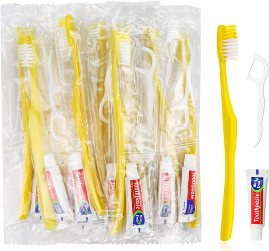 200pcs Disposable Toothbrushes with Toothpaste and Floss,Yellow Bulk Single Use Toothbrush Floss Pick Individually Wrapped Disposable Travel Toothbrushes Kit for Homeless,Airbnb,Hotel,Guest