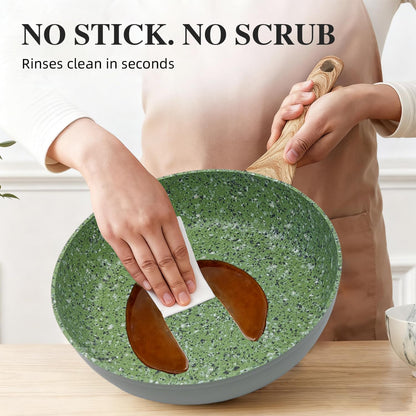 3-Piece Nonstick Pots and Pans Set with Lids, Includes 10.25 Inch Frying Pan 1.5Qt Saucepan and 2.2Qt Stock Pot, PFOA Free Dishwasher Safe Induction Compatible Family Cookware, Green