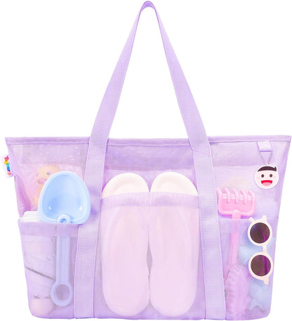Tagitary Mesh Beach Bag with Zipper Large Beach Tote Waterproof Sandproof with 8 Pockets for Toys Pool Bag Beach Accessories