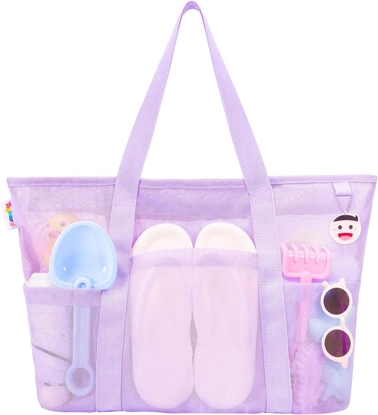 Tagitary Mesh Beach Bag with Zipper Large Beach Tote Waterproof Sandproof with 8 Pockets for Toys Pool Bag Beach Accessories