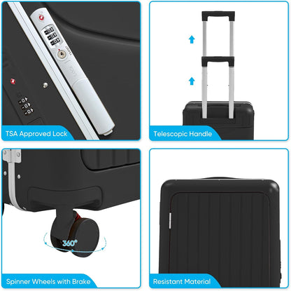 20 Inch Ride on Luggage With Seat For Kids&Adults,with Front Pocket, Foldable Seat Back TSA Approved Lock, 360° Spinner Wheels (20 inch,Black)