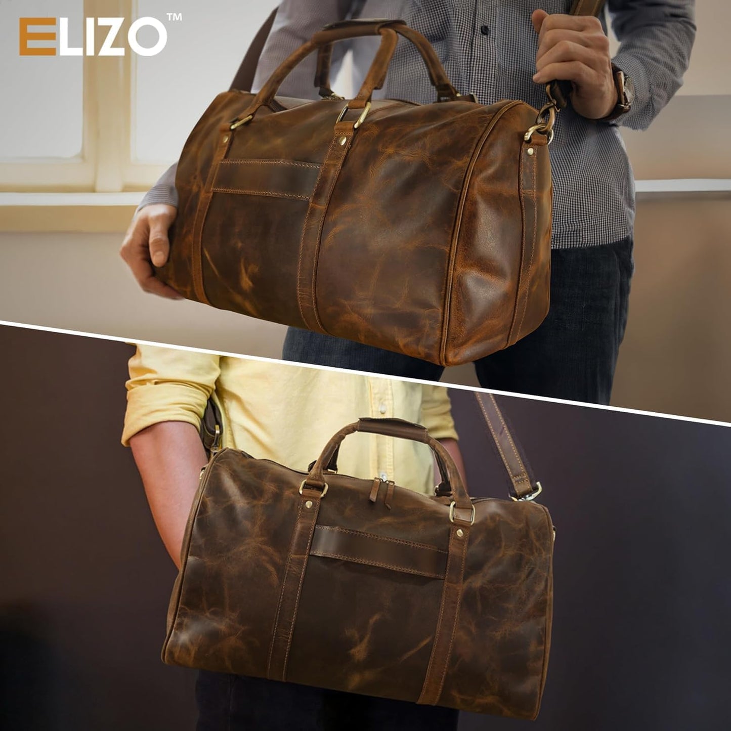 ELIZO Leather Duffle Bag For Men Women REAL FULL GRAIN Travel Overnight Weekender Carry On Luggage Sports Gym Bags (Antique 20 Inch) Origin