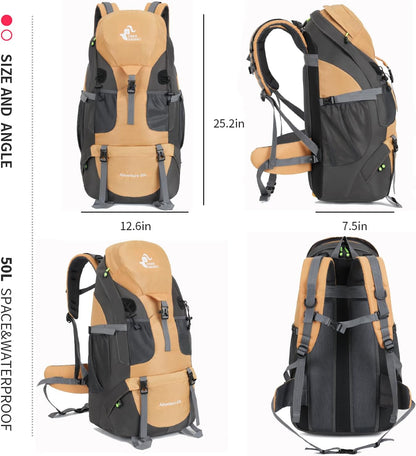 Bseash 50L Hiking Backpack, Water Resistant Lightweight Outdoor Sport Daypack Travel Bag for Camping Climbing Skiing Cycling (Gold - With Shoe Compartment)