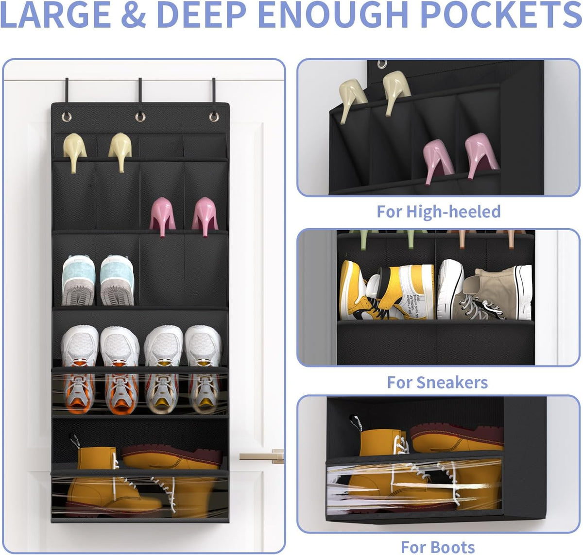 FENTEC 1 Pack Over-the-Door-Shoe-Organizers, Hanging Shoe Organizer with Large Pocket Shoe Holder Hanging Shoe Rack for Closet Shoe Organizer for Wall, Over Door Organizer with 15 Pockets Black