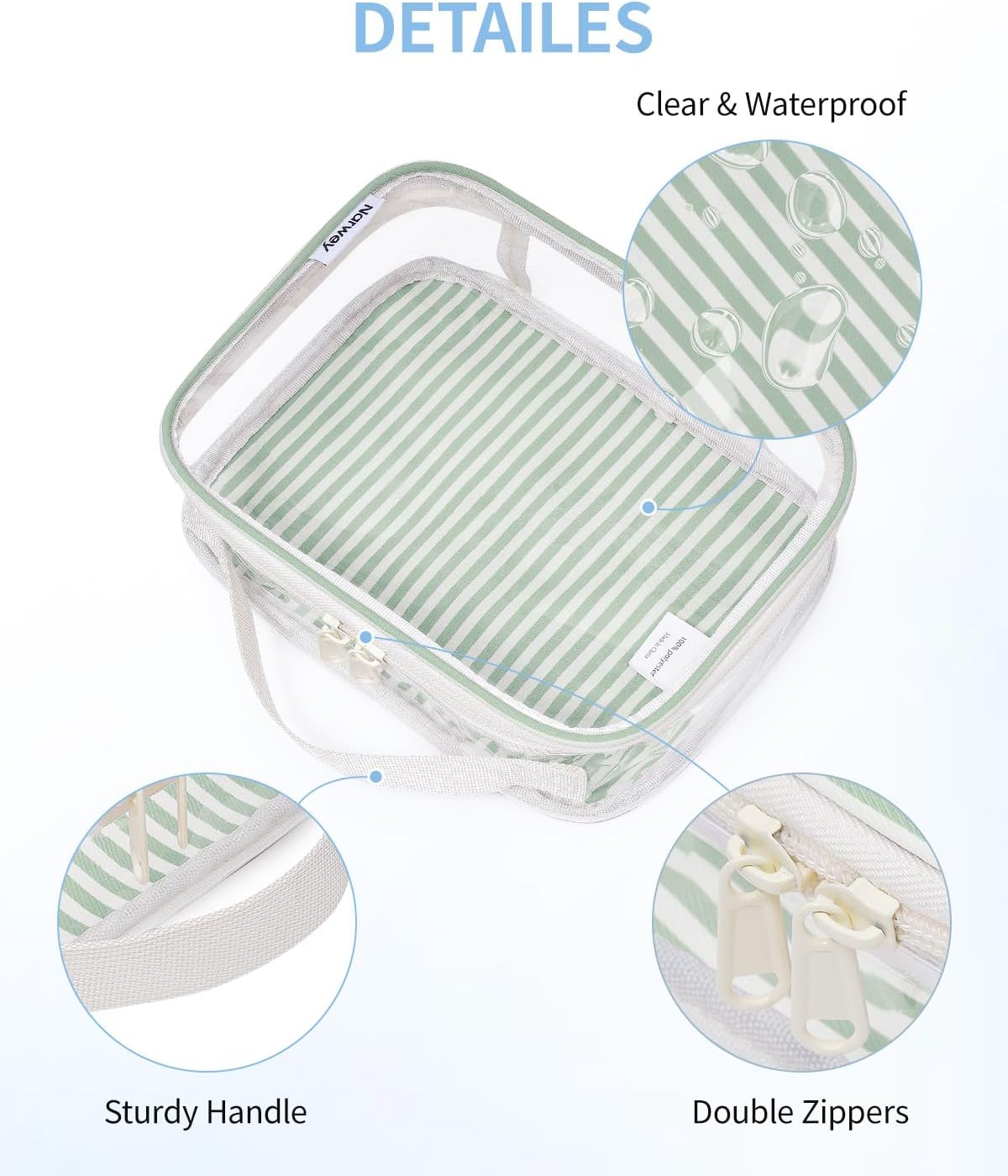 Narwey TSA Approved Clear Toiletry Bag for Travel, Waterproof PVC Clear Makeup Bags, Portable Compact Cosmetic Bag Make Up Organizer, Airport Airline Quart Size Compliant Bag (Mint Green Stripe)