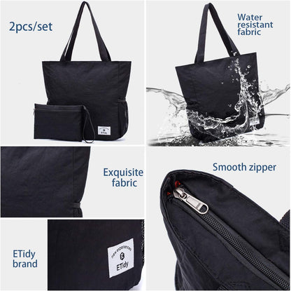 ETidy Large Capacity Foldable Tote Bag With Zipper Water-resistant SandproofWomen Beach Bag Handbag GymBag Travel ShoppingBag