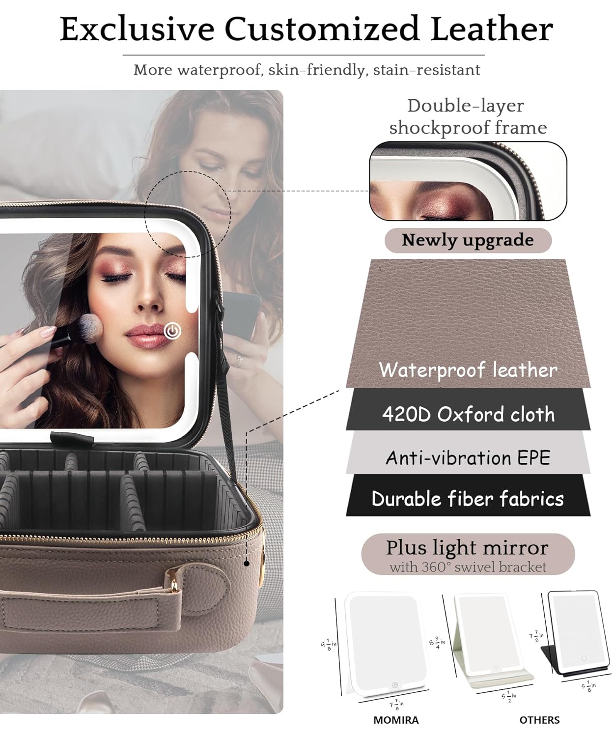 MOMIRA Travel Makeup Bag Cosmetic Bag with Lighted Mirror, Adjustable Brightness in 3 Color Scenarios/Detachable makeup mirror, All-round Upgrade, Waterproof, Gift for Women -Beige Grey