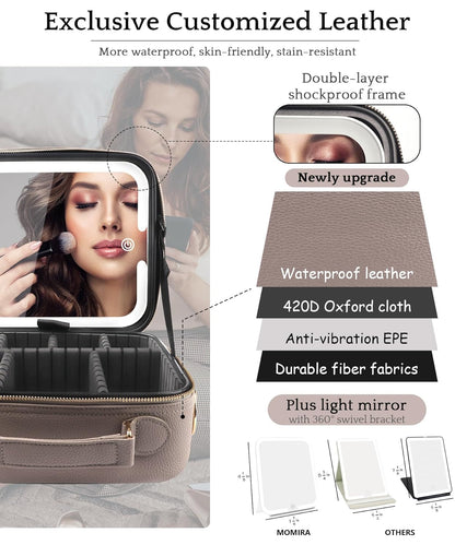 MOMIRA Travel Makeup Bag Cosmetic Bag with Lighted Mirror, Adjustable Brightness in 3 Color Scenarios/Detachable makeup mirror, All-round Upgrade, Waterproof, Gift for Women -Beige Grey