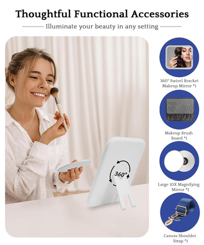 MOMIRA Travel Makeup Bag Cosmetic Bag with Lighted Mirror, Adjustable Brightness in 3 Color Scenarios/Detachable makeup mirror, All-round Upgrade, Waterproof, Gift for Women -Blue