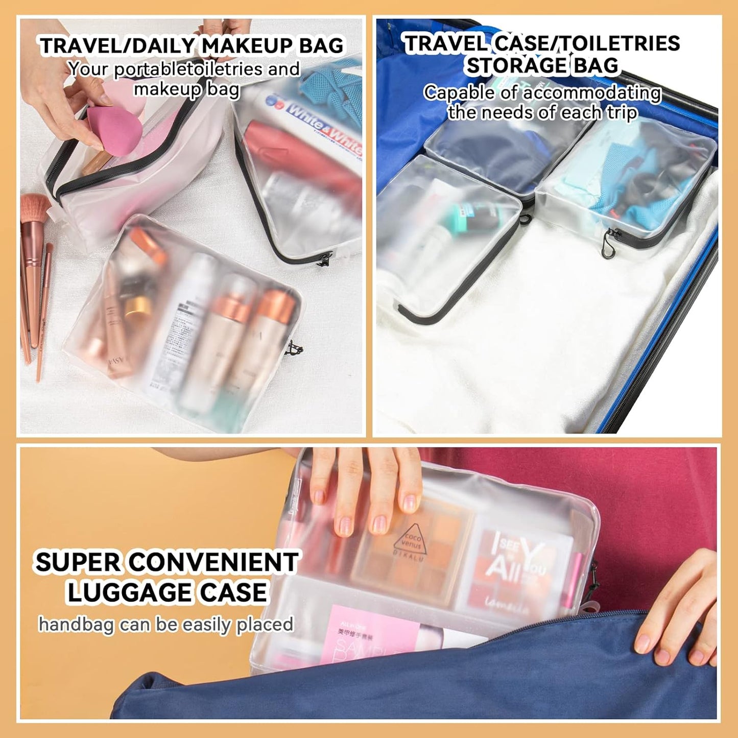 Qbily Clear Leak Proof Travel Bags for Toiletries 3 Pack, Super Soft Waterproof Leak Proof BPA Free, Semi-Clear Toiletry Cosmetic Makeup Bags for Travel, TSA Approved Travel Toiletry Bag With Zipper