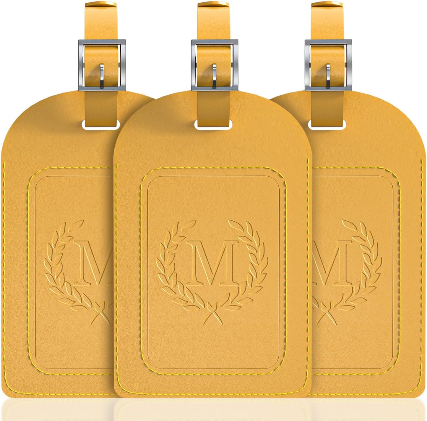 FESAS 3 Pack A-Z Alphabet Luggage Tags - Faux Leather Suitcase Tags with Privacy Cover & Replaceable Card - Initial Letter Monogram for Bags (Yellow)