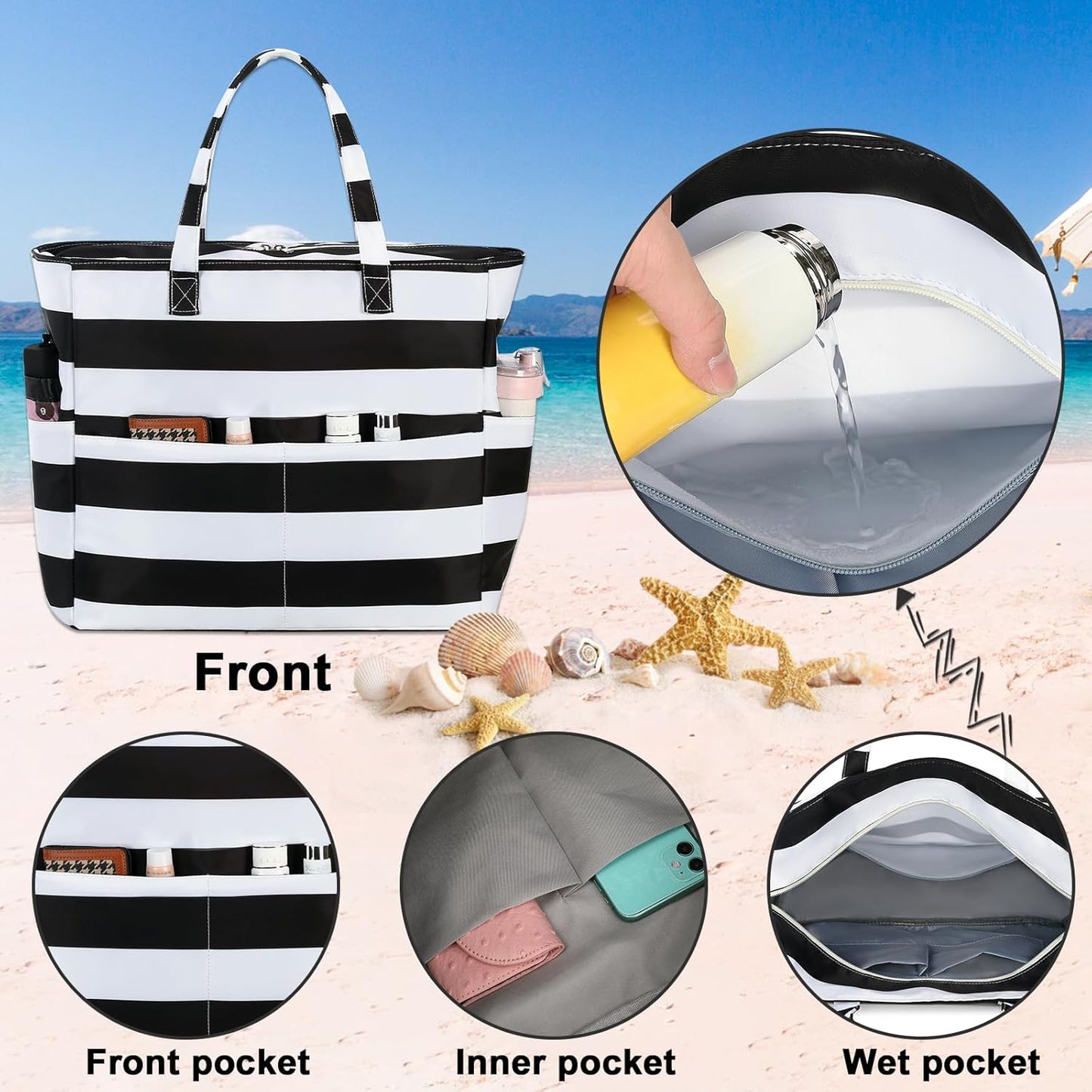 Waterproof Beach Tote Pool Bags for Women Ladies Extra Large Gym Tote Carry On Bag With Wet Compartment for Weekender Travel