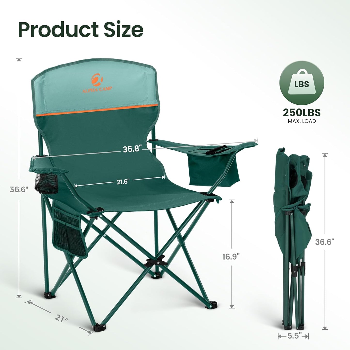 HIGH POINT SPORTS 2 Pack Portable Camping Chair for Adults, Folding Outdoor Camp Chair Lightweight Lawn Chairs Folding Collapsible Chair for Camping, Tailgates, Beach, Green, Support 225lbs