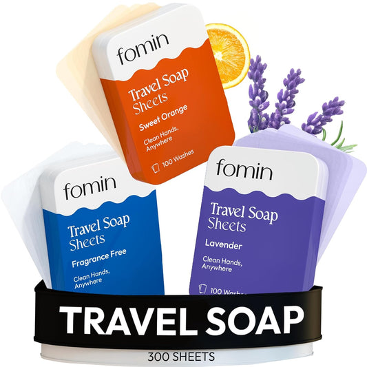 FOMIN - Antibacterial Paper Soap Sheets Tin for Traveling - (300 Sheets) Variety Pack (Unscented, Orange, Lavender) Portable Travel Hand Soap Sheet, Dissolvable Mini Camping Hand Soap for Hand Washing