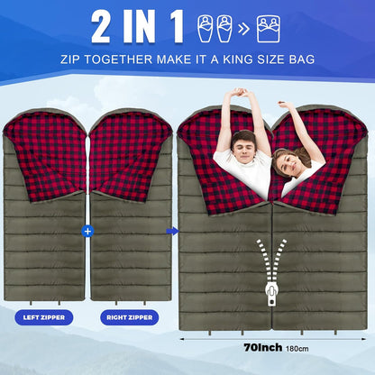 0 Degree Sleeping Bag Cotton Flannel Winter Cold Weather for Adults XXL Sleeping Bag 4 Season Big and Tall with Pillow Compression Sack