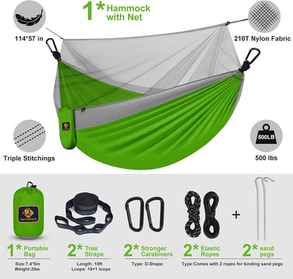 Camping Hammock with Net,Travel Portable Lightweight Hammocks with Tree Straps and Solid D-Shape Carabiners,Parachute Nylon Hammock for Outsides Backpacking Beach Backyard Patio Hiking
