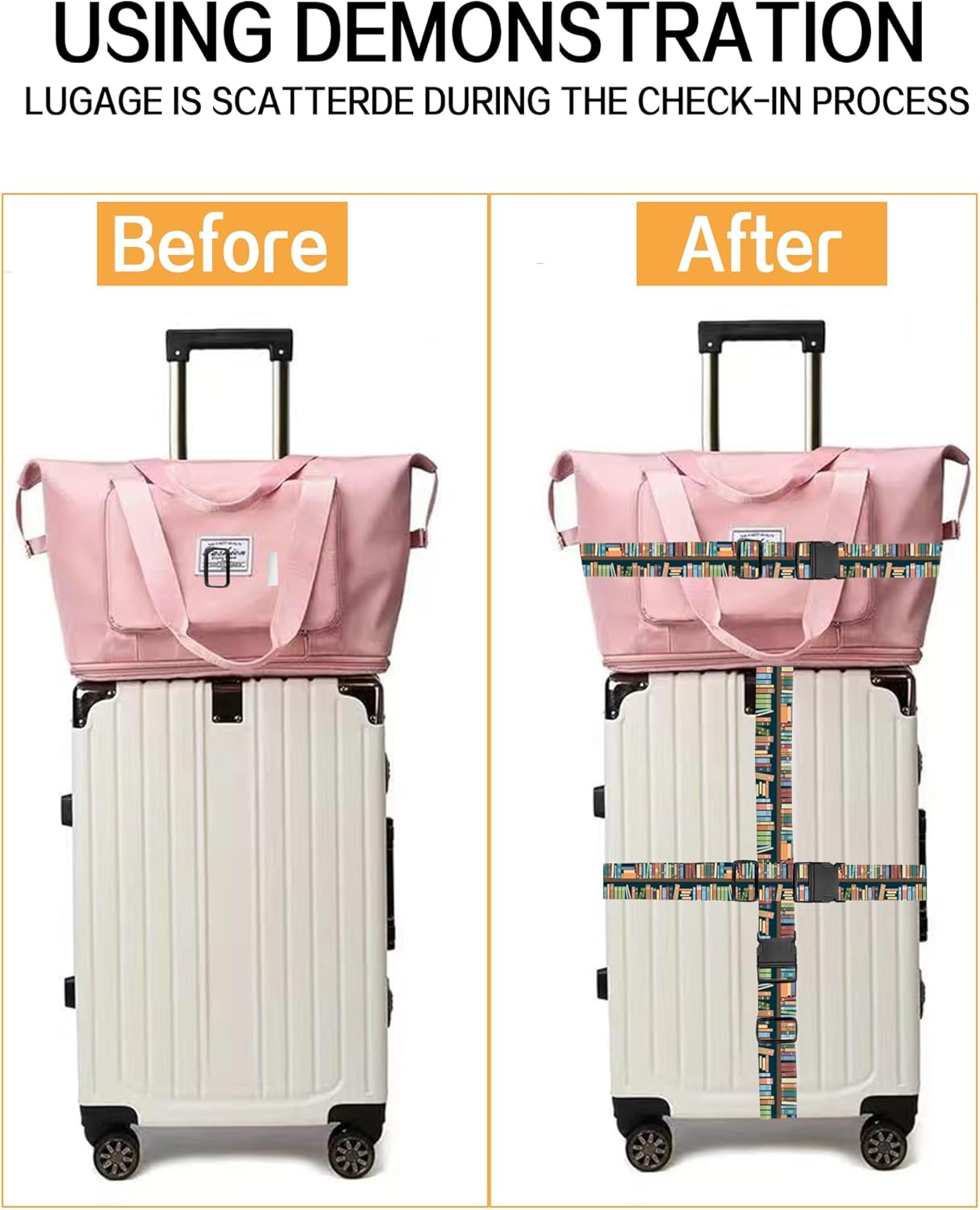 Luggage Straps for Suitcases, Adjustable Travel Belt, Durable Wide Luggage Strap, Cute Suitcase Strap Identifiers with Buckle, Bag Straps for Luggage, Cute Book Pattern