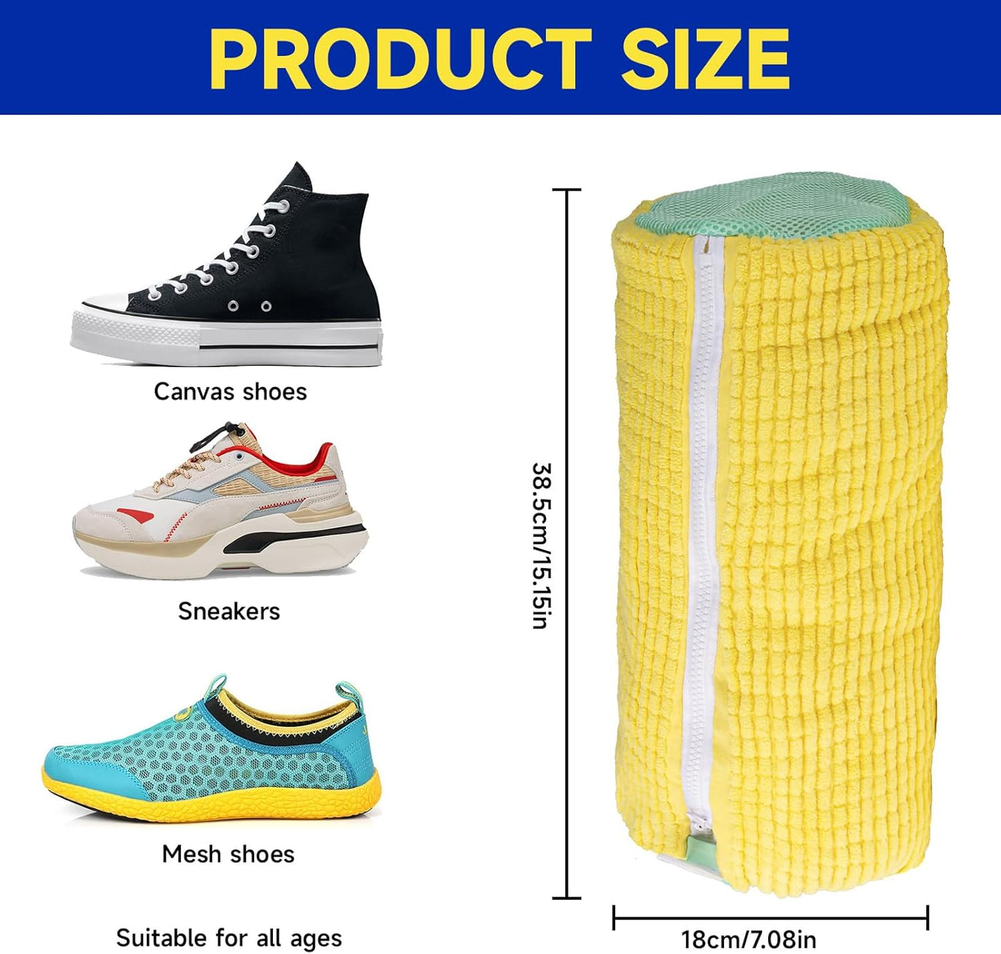 2 Packs Shoe Washing Machine Bag,Laundry Shoe Bag for Washing Machine and Dryer, 360°All-Around Cleaning Sneakers,Top Hidden Zipper,Reusable Sneaker Washing Machine Bag For All Shoe Types (Yellow)